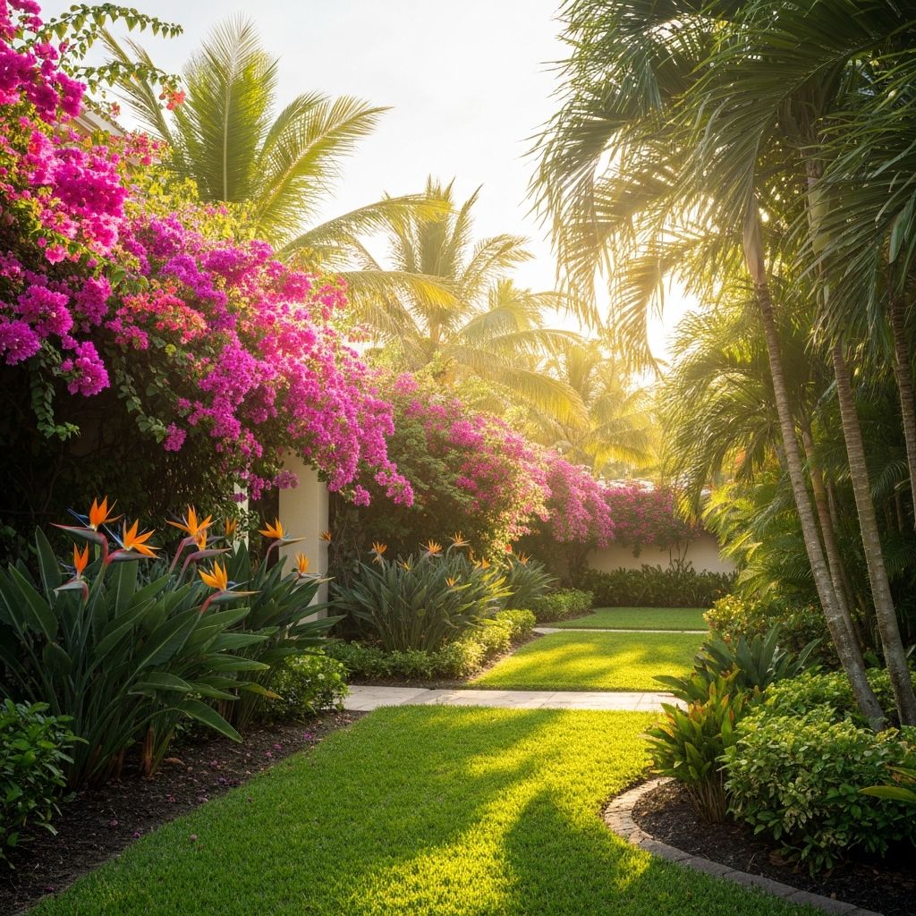 Lush South Florida tropical garden in bloom